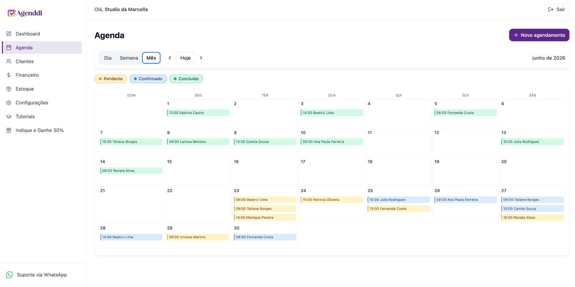 Preview do painel Agenddi mostrando a agenda mensal com agendamentos de clientes